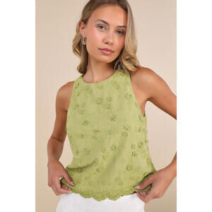 Lulus Pleasant Personality Green Floral Embroidered Crew Neck Tank Top - Size XL